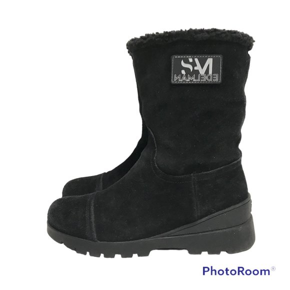 SAM EDELMAN Boots Women 8M/38 Fleece Lined Black Leather Mid Calf Pull On Wedge - Picture 3 of 11